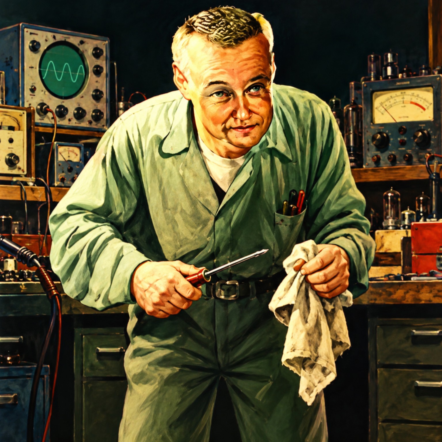 The original Casey’s Pinball repairman, holding a screwdriver in his vintage workshop.